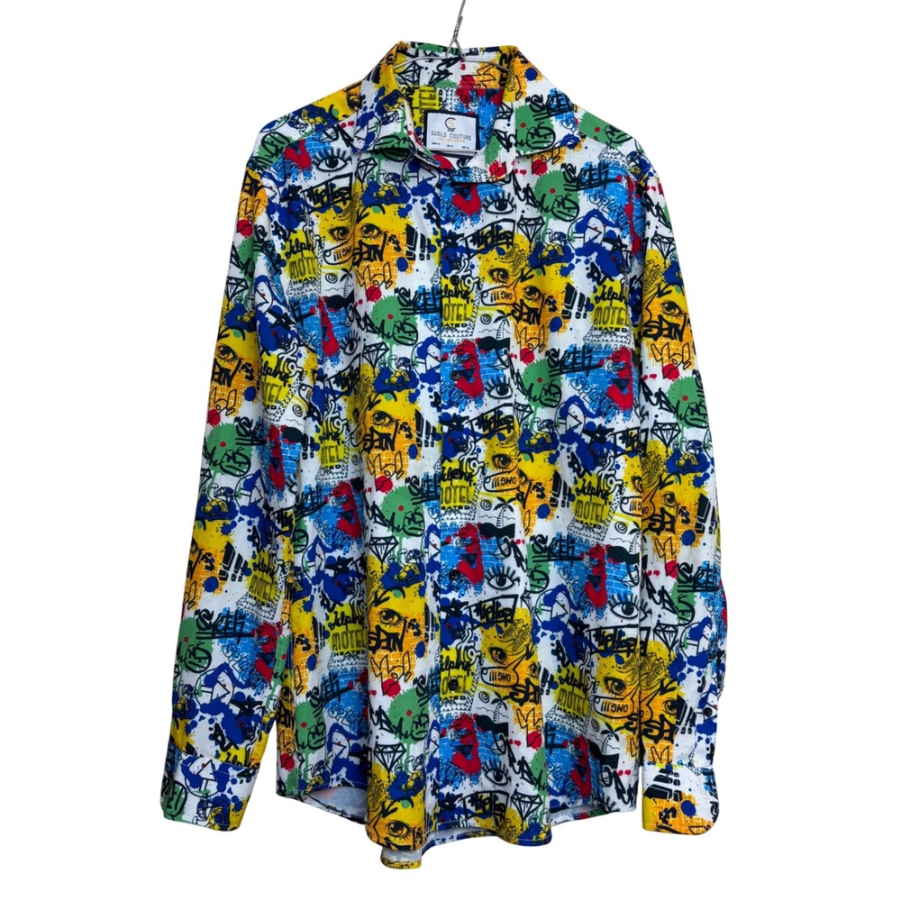 Suslo Couture Mens Slim Fit Graffiti Pop Art Button Down Shirt Multi Color M